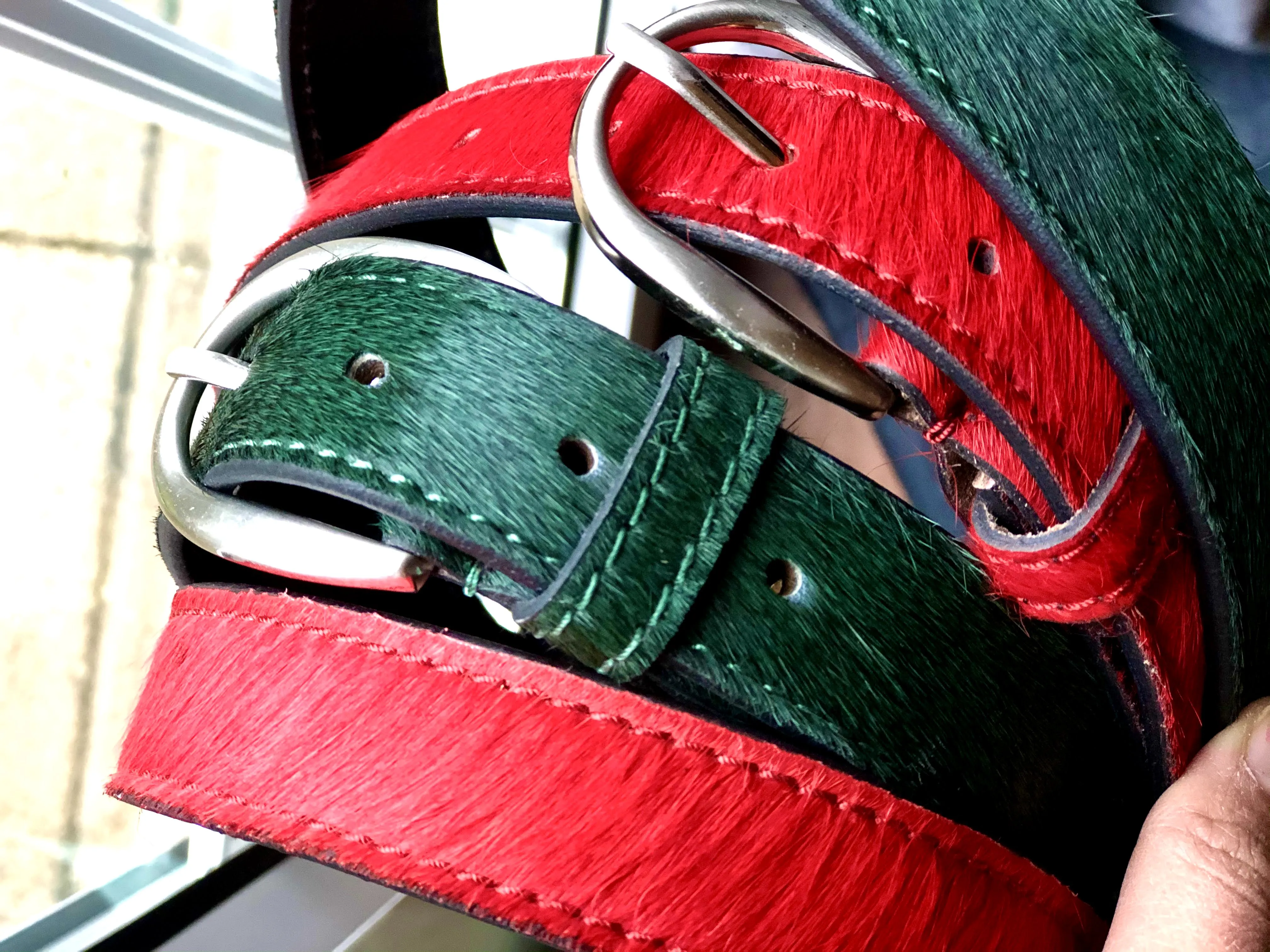 Bottle Green hair-on-hide leather women belt